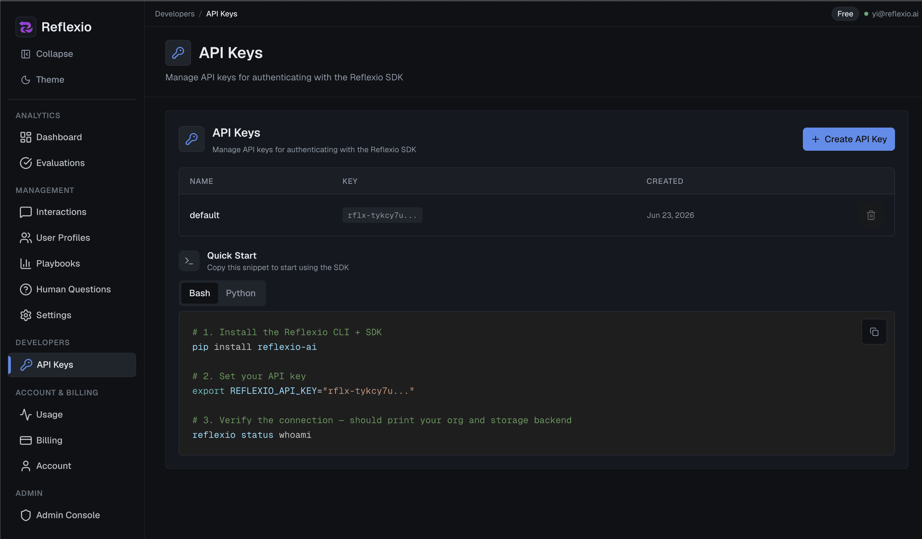 API key creation on the Account page in the Reflexio Enterprise web portal