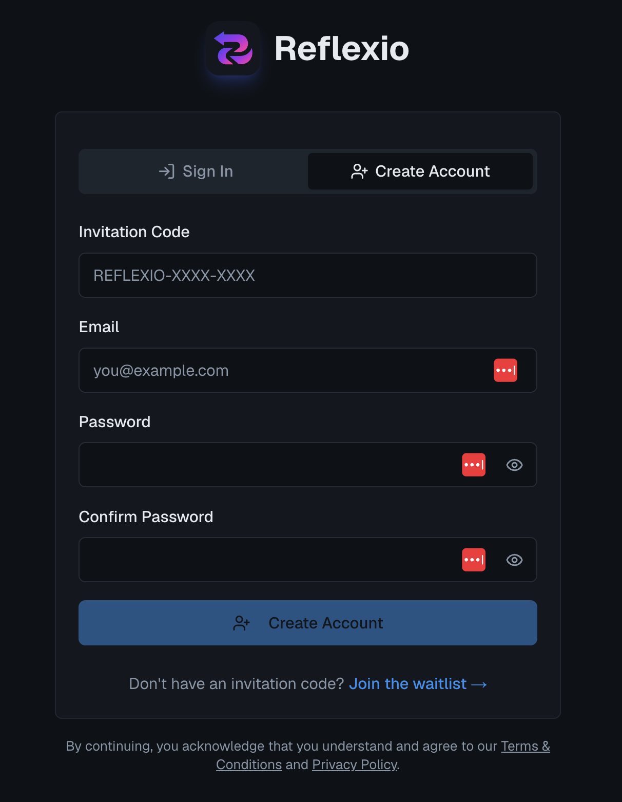 Reflexio registration page with invitation code, email, password, and confirm password fields