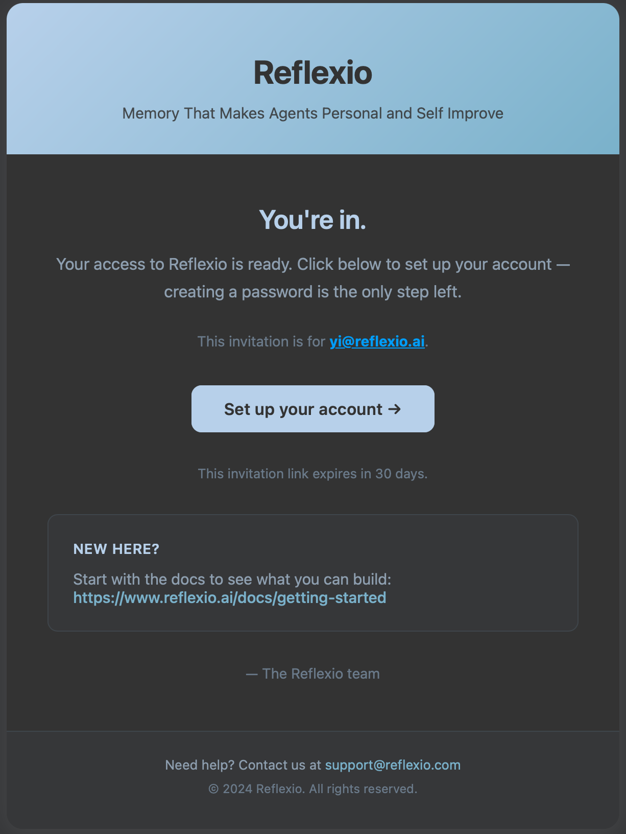 Reflexio waitlist approval email with Set up your account button